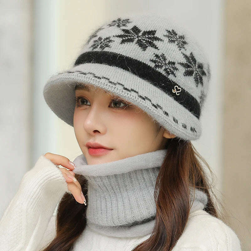 KIMLUD, New Women Winter Hat Keep Warm Cap Hat & Scarf Set Fashion Hats For Women Casual Rabbit Fur Outdoor Knitted Bucket Hat, KIMLUD Womens Clothes
