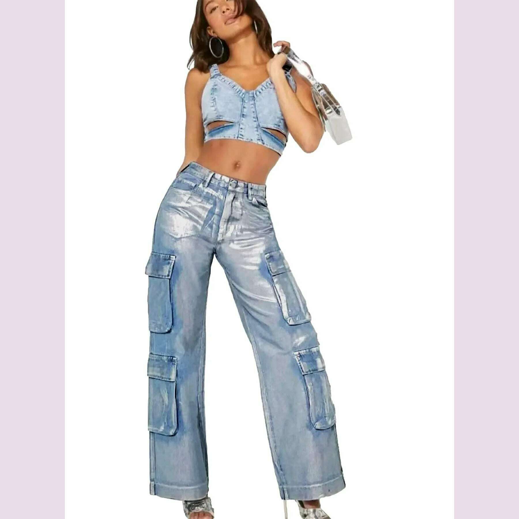 New Women's Fashion Denim Overalls Multi-Pocket Bronzing Comfortable Casual Summer Ladies Loose Denim Pants - KIMLUD