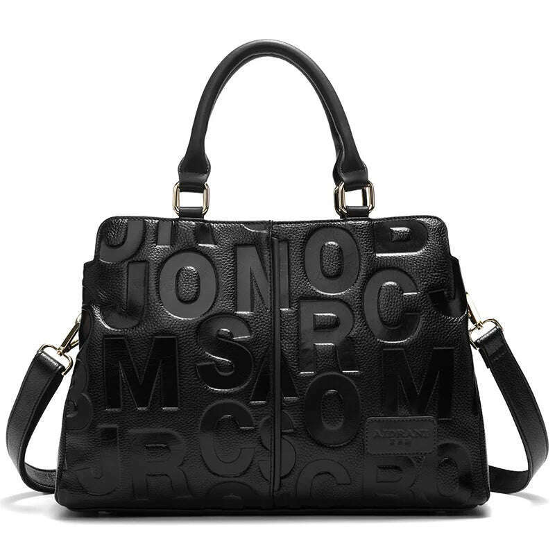 KIMLUD, New Women's Handbag Fashionable Letter Embossed High end Cowhide Crossbody Shoulder Bag, Black, KIMLUD Womens Clothes