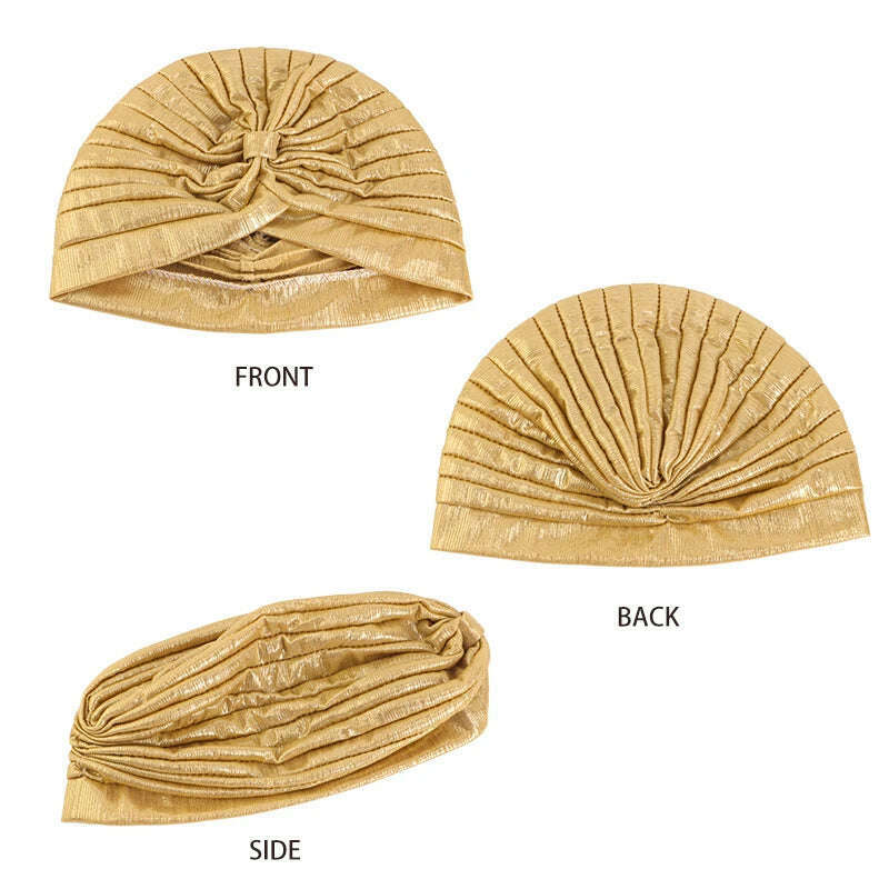 New Women's Metallic Pleated Knot Turban Hat Retro Ethnic Hat Elastic Head Wrap Shiny Beanies Head Scarf Bonnet Chemo Cap - KIMLUD