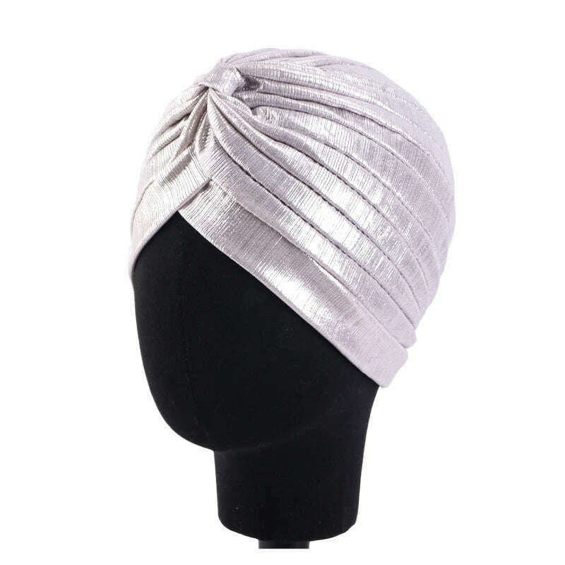 New Women's Metallic Pleated Knot Turban Hat Retro Ethnic Hat Elastic Head Wrap Shiny Beanies Head Scarf Bonnet Chemo Cap - KIMLUD