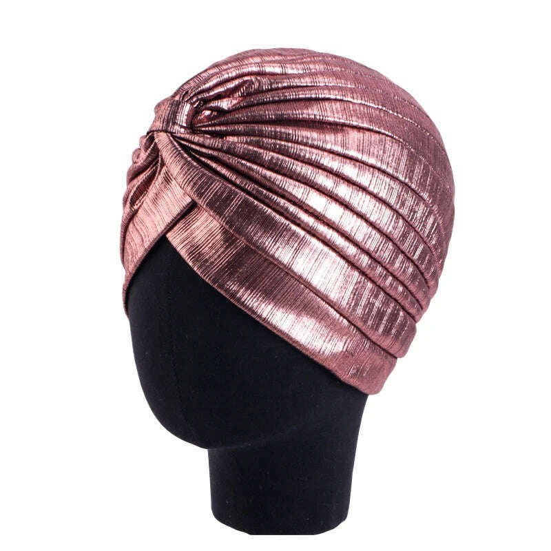 New Women's Metallic Pleated Knot Turban Hat Retro Ethnic Hat Elastic Head Wrap Shiny Beanies Head Scarf Bonnet Chemo Cap - KIMLUD