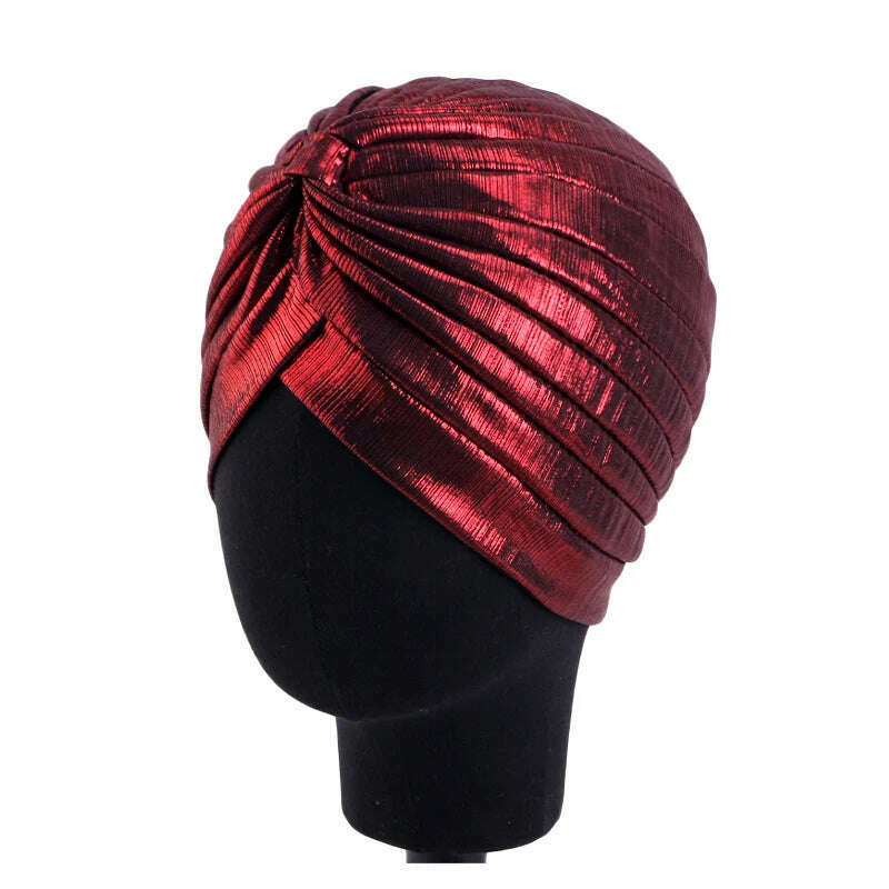 New Women's Metallic Pleated Knot Turban Hat Retro Ethnic Hat Elastic Head Wrap Shiny Beanies Head Scarf Bonnet Chemo Cap - KIMLUD