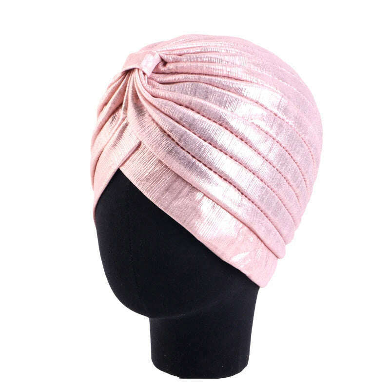 New Women's Metallic Pleated Knot Turban Hat Retro Ethnic Hat Elastic Head Wrap Shiny Beanies Head Scarf Bonnet Chemo Cap - KIMLUD