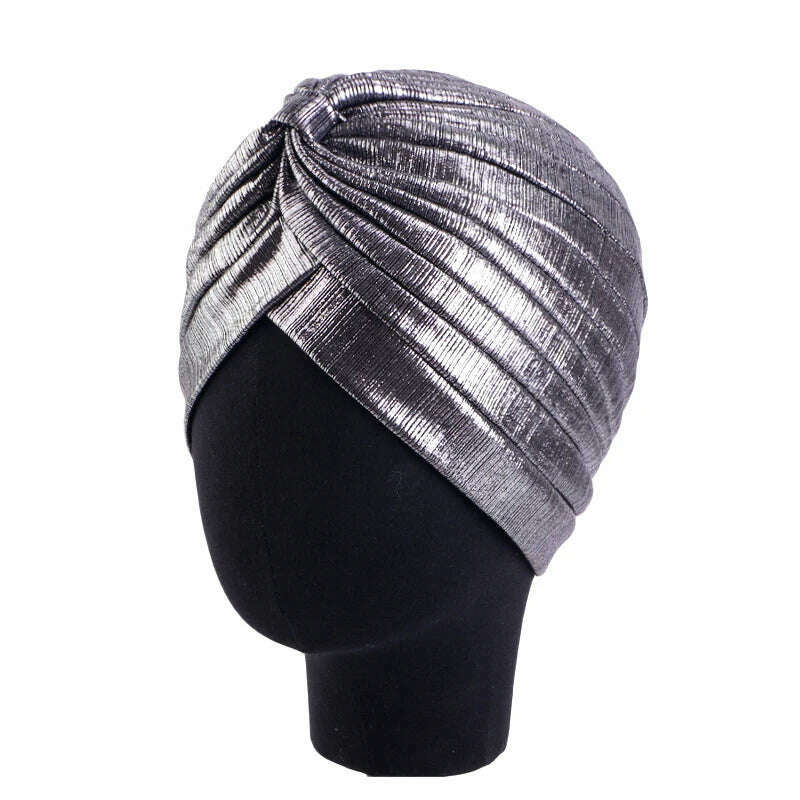 New Women's Metallic Pleated Knot Turban Hat Retro Ethnic Hat Elastic Head Wrap Shiny Beanies Head Scarf Bonnet Chemo Cap - KIMLUD