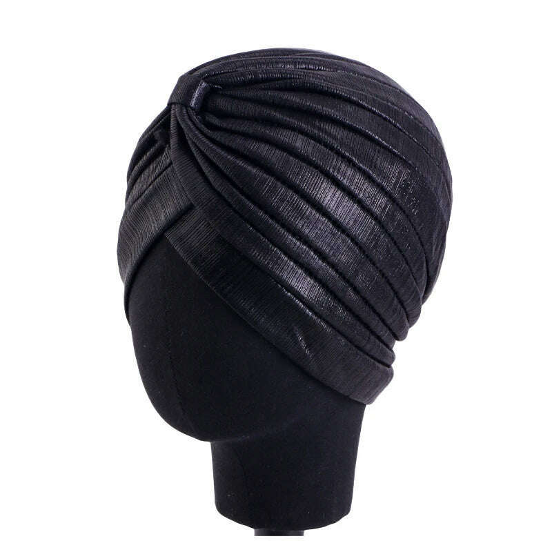 New Women's Metallic Pleated Knot Turban Hat Retro Ethnic Hat Elastic Head Wrap Shiny Beanies Head Scarf Bonnet Chemo Cap - KIMLUD