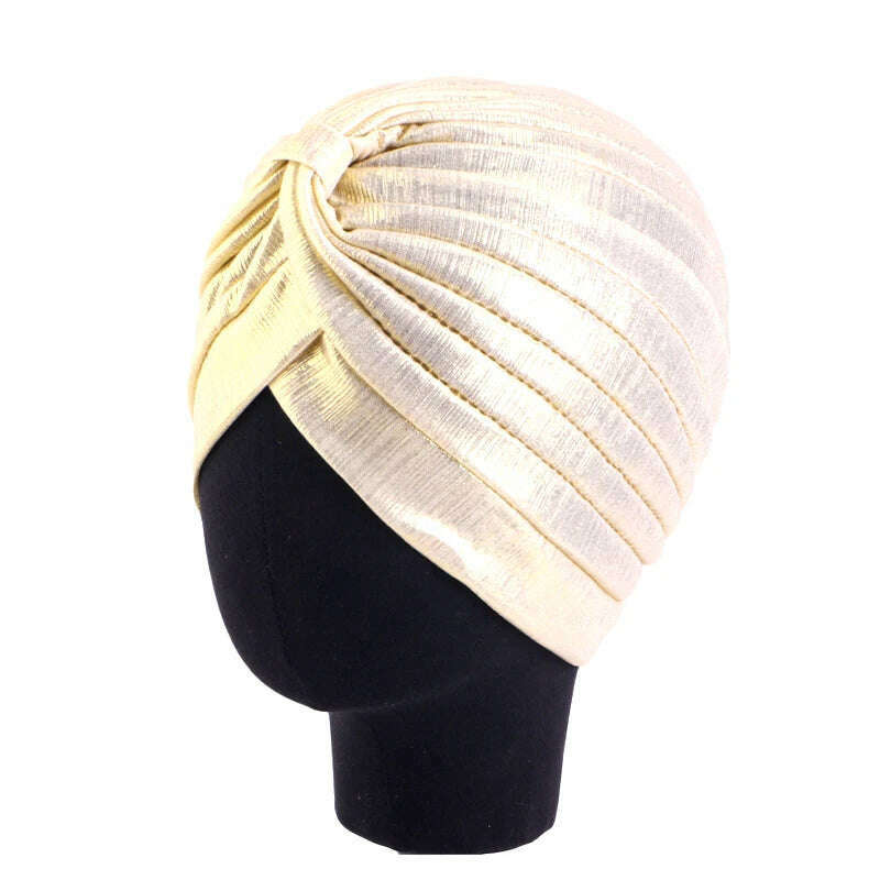 New Women's Metallic Pleated Knot Turban Hat Retro Ethnic Hat Elastic Head Wrap Shiny Beanies Head Scarf Bonnet Chemo Cap - KIMLUD