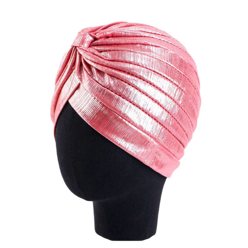 New Women's Metallic Pleated Knot Turban Hat Retro Ethnic Hat Elastic Head Wrap Shiny Beanies Head Scarf Bonnet Chemo Cap - KIMLUD