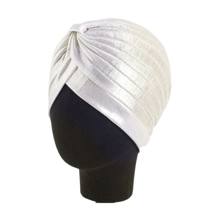 New Women's Metallic Pleated Knot Turban Hat Retro Ethnic Hat Elastic Head Wrap Shiny Beanies Head Scarf Bonnet Chemo Cap - KIMLUD