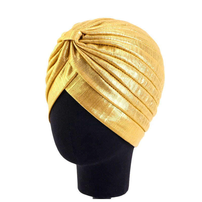 New Women's Metallic Pleated Knot Turban Hat Retro Ethnic Hat Elastic Head Wrap Shiny Beanies Head Scarf Bonnet Chemo Cap - KIMLUD