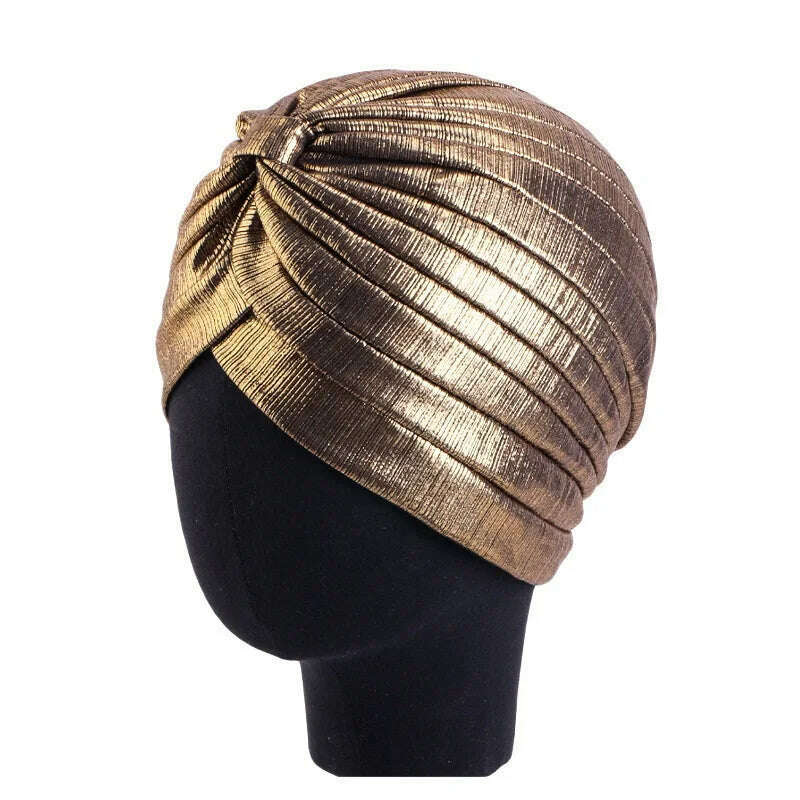 New Women's Metallic Pleated Knot Turban Hat Retro Ethnic Hat Elastic Head Wrap Shiny Beanies Head Scarf Bonnet Chemo Cap - KIMLUD