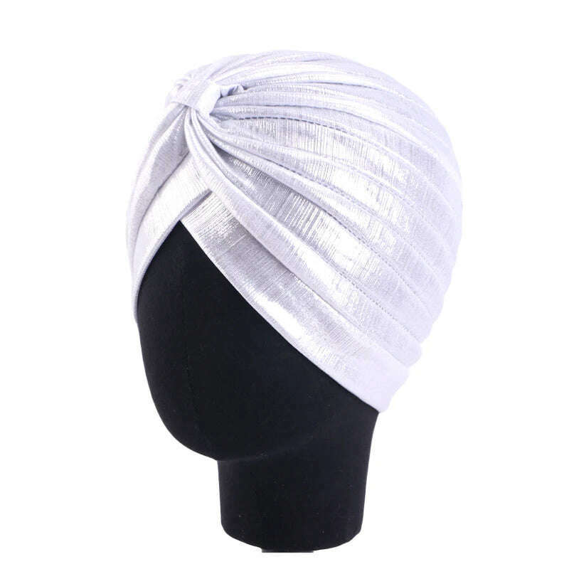 New Women's Metallic Pleated Knot Turban Hat Retro Ethnic Hat Elastic Head Wrap Shiny Beanies Head Scarf Bonnet Chemo Cap - KIMLUD