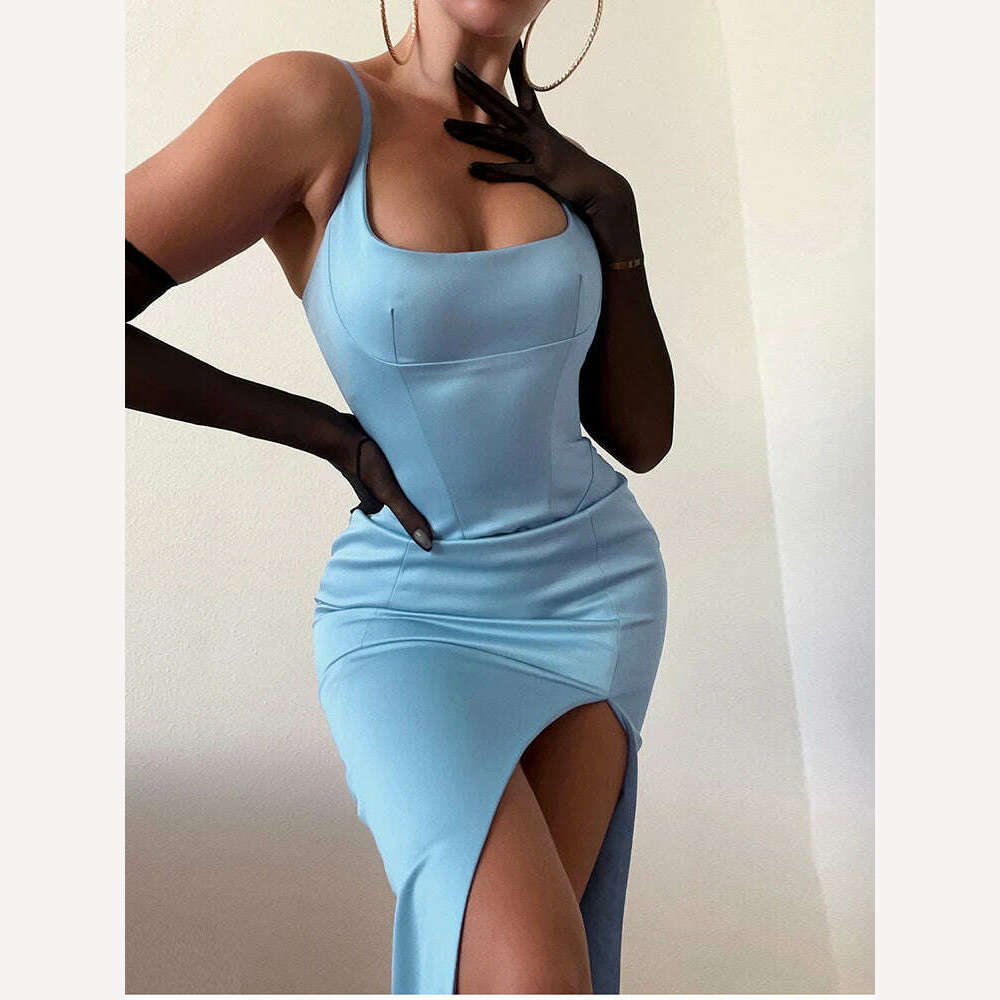 NewAsia Satin Dress Spaghetti Strap Cut out Split Double Layer Lining High Waist Midi Dress Chic Black Dress Woman Party Robe - KIMLUD