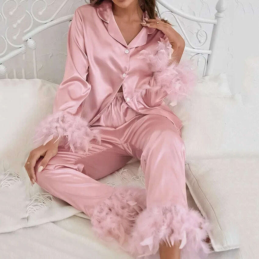 KIMLUD, NHKDSASA Feathers Sleepwear Female 2 Piece Set Long Sleeve Turn Down Collar Tops Satin Casual Women Sets With Pants Summer 2022, KIMLUD Womens Clothes