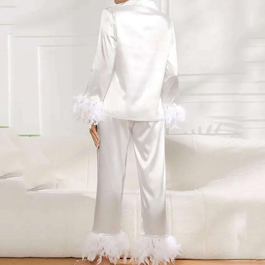 KIMLUD, NHKDSASA Feathers Sleepwear Female 2 Piece Set Long Sleeve Turn Down Collar Tops Satin Casual Women Sets With Pants Summer 2022, KIMLUD Womens Clothes