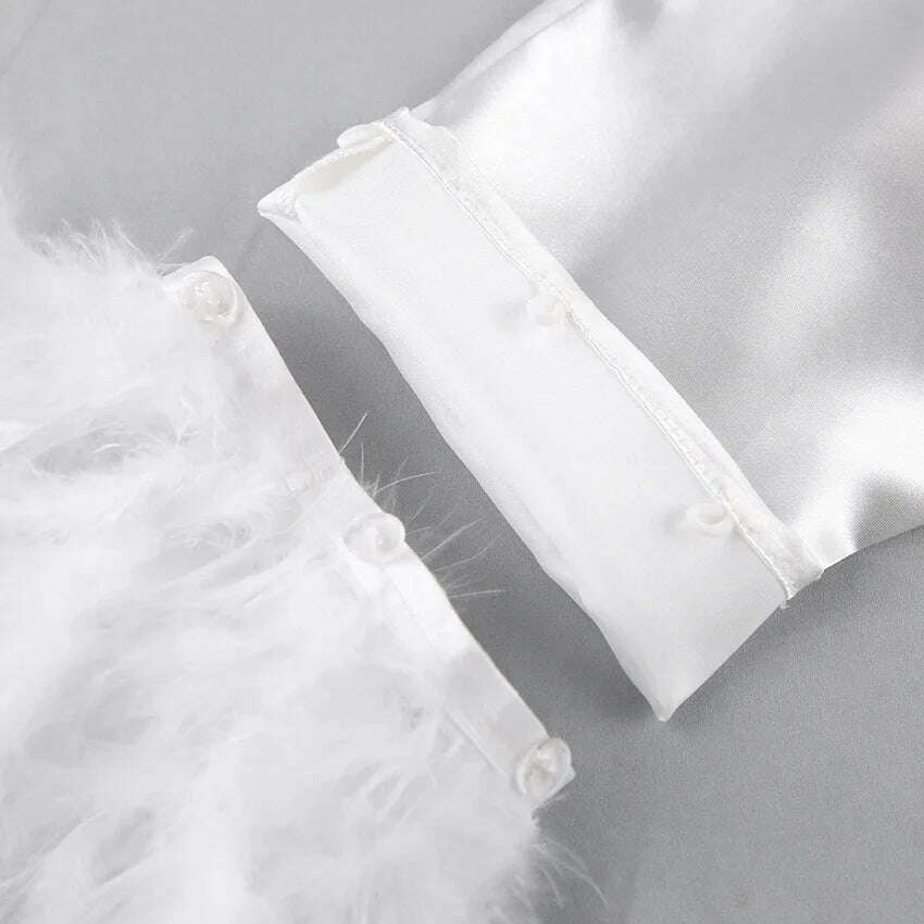 KIMLUD, NHKDSASA Feathers Sleepwear Female 2 Piece Set Long Sleeve Turn Down Collar Tops Satin Casual Women Sets With Pants Summer 2022, KIMLUD Womens Clothes
