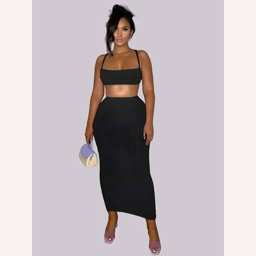 KIMLUD, Nibber Knitted Classic 2Two Piece Set Women Sexy Halter Lace Up Tops + Maxi Hip Skirt Outwear Female Elegant Outfits Street, Black / S, KIMLUD APPAREL - Womens Clothes