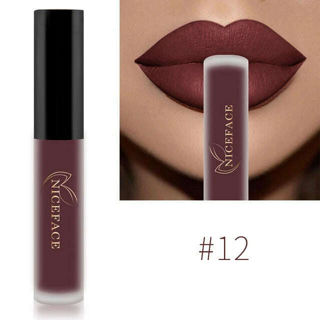 KIMLUD, NICEFACE Nude Matte Liquid Lipsticks Waterproof Long Lasting Lip Gloss Sexy Red Velvet Lip Tint Women Makeup Cosmetics Batom, 12, KIMLUD Womens Clothes