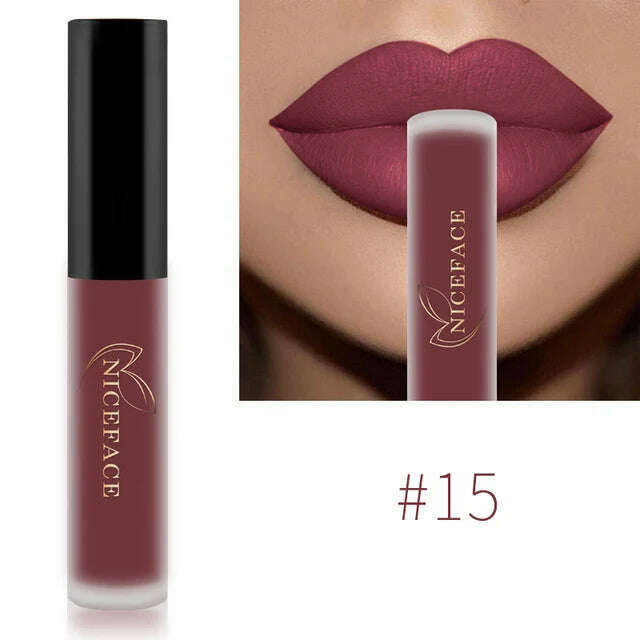 KIMLUD, NICEFACE Nude Matte Liquid Lipsticks Waterproof Long Lasting Lip Gloss Sexy Red Velvet Lip Tint Women Makeup Cosmetics Batom, 15, KIMLUD Womens Clothes