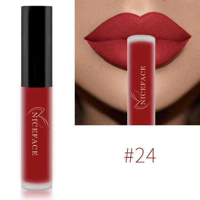 KIMLUD, NICEFACE Nude Matte Liquid Lipsticks Waterproof Long Lasting Lip Gloss Sexy Red Velvet Lip Tint Women Makeup Cosmetics Batom, 24, KIMLUD Womens Clothes