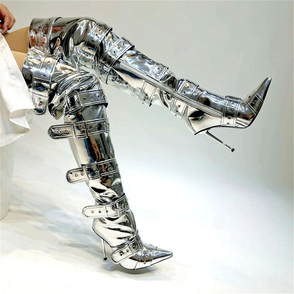 KIMLUD, Night Club Party Queen Boots Over The Knee Boots High Heels Women Boots Sexy Plus Size Thin Heels Shoes Woman, silver / 4, KIMLUD APPAREL - Womens Clothes