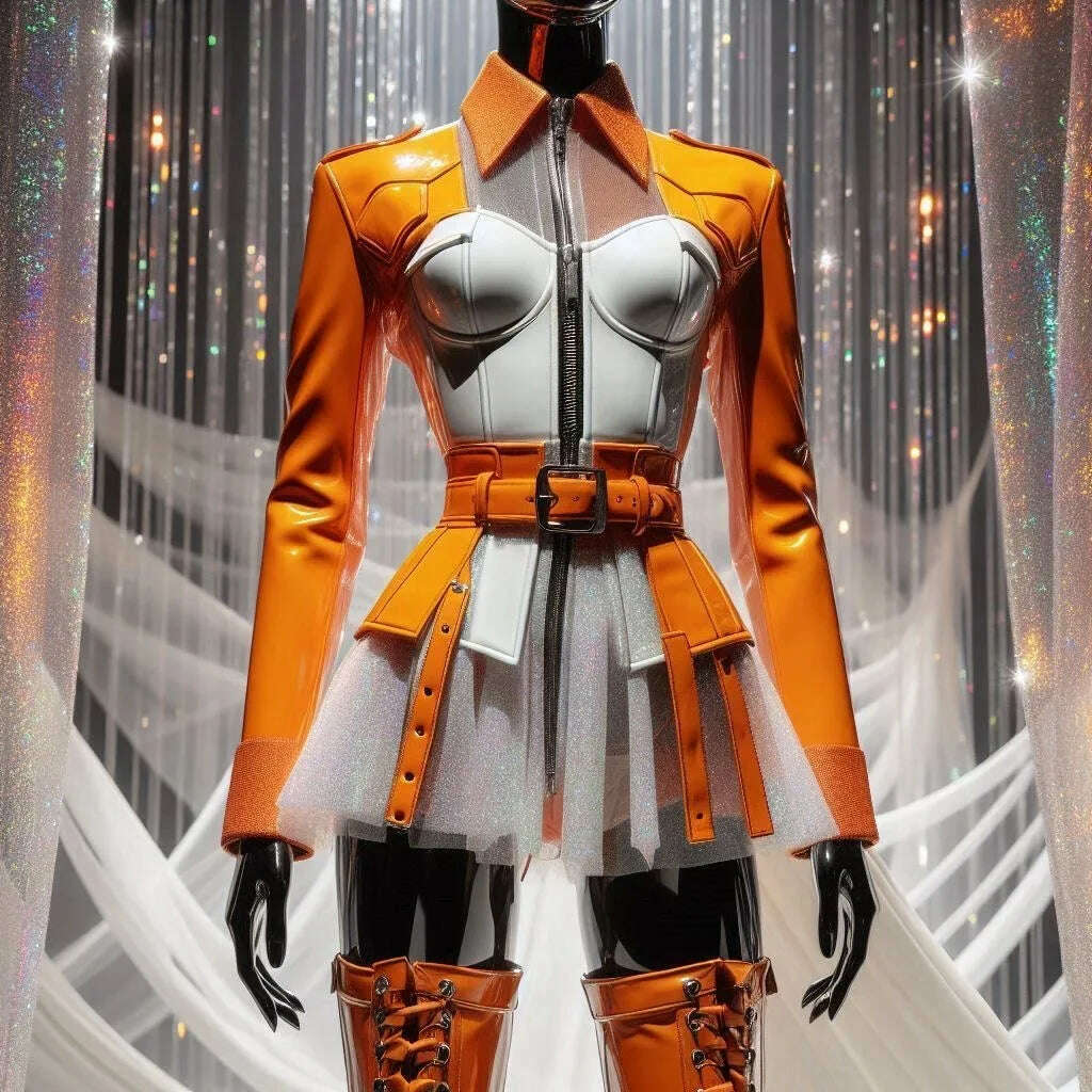 KIMLUD, Nightclub Bar Party Clothes Carniva Halloween Stage Performance Costume Drag Queen Outfit Orange Gogo Dancer Clothing, KIMLUD Womens Clothes