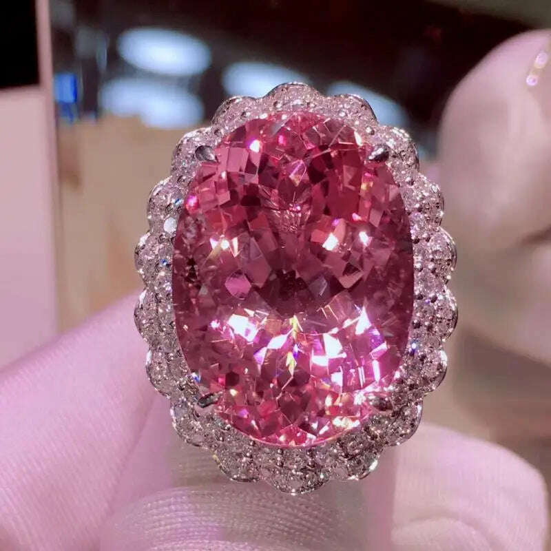KIMLUD, Noble 20x30mm Dazzling Pink Cubic Zirconia Wedding Rings for Women Temperament Huge Gemstone Banquet Trendy Jewelry Gift, pink / Resizable, KIMLUD APPAREL - Womens Clothes