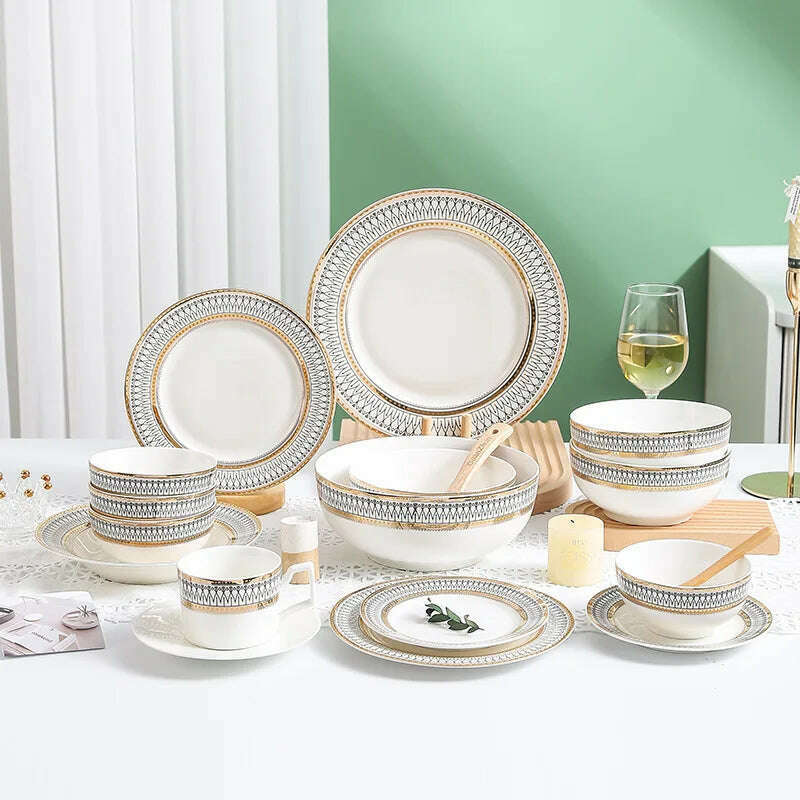 Nordic Gold Edge Ceramic Tableware Dishes Plates Household Dishes Rice Bowls Soup Bowls Mugs Service Plate Dining Table Set - KIMLUD