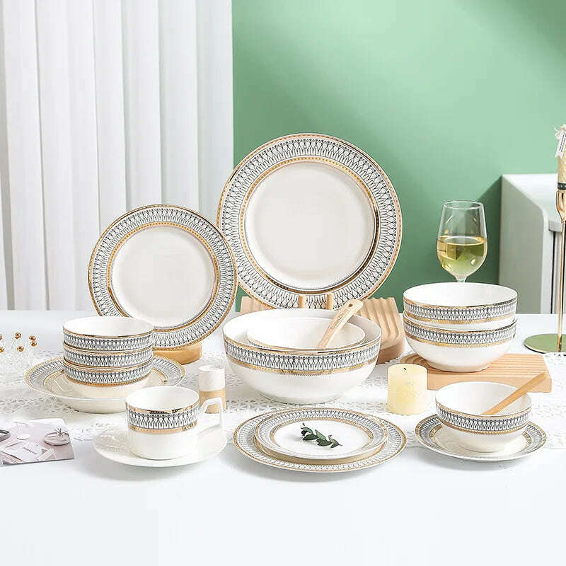 KIMLUD, Nordic Gold Edge Ceramic Tableware Dishes Plates Household Dishes Rice Bowls Soup Bowls Mugs Service Plate Dining Table Set, KIMLUD Womens Clothes