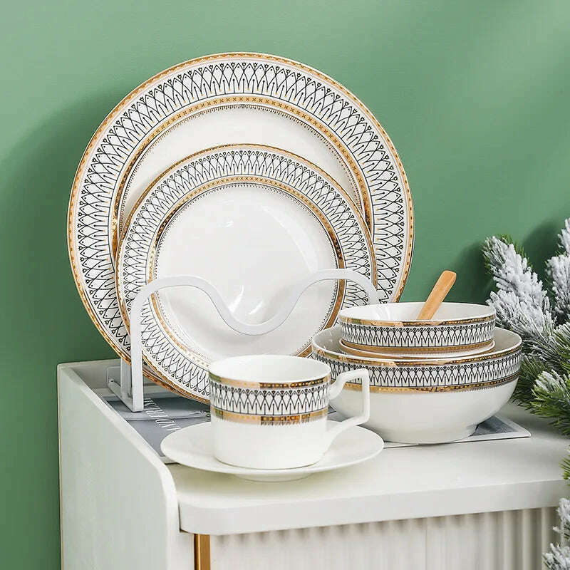 Nordic Gold Edge Ceramic Tableware Dishes Plates Household Dishes Rice Bowls Soup Bowls Mugs Service Plate Dining Table Set - KIMLUD