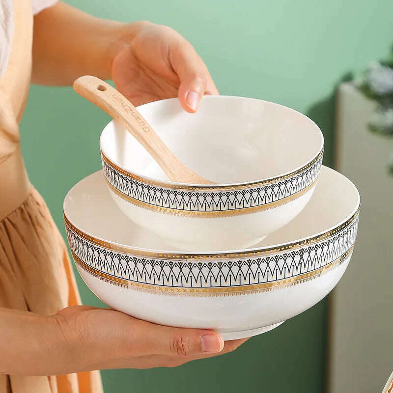 Nordic Gold Edge Ceramic Tableware Dishes Plates Household Dishes Rice Bowls Soup Bowls Mugs Service Plate Dining Table Set - KIMLUD