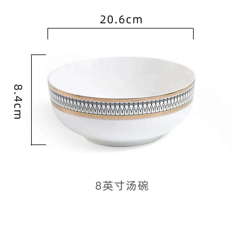 KIMLUD, Nordic Gold Edge Ceramic Tableware Dishes Plates Household Dishes Rice Bowls Soup Bowls Mugs Service Plate Dining Table Set, 8-inch-soup bowl, KIMLUD Womens Clothes