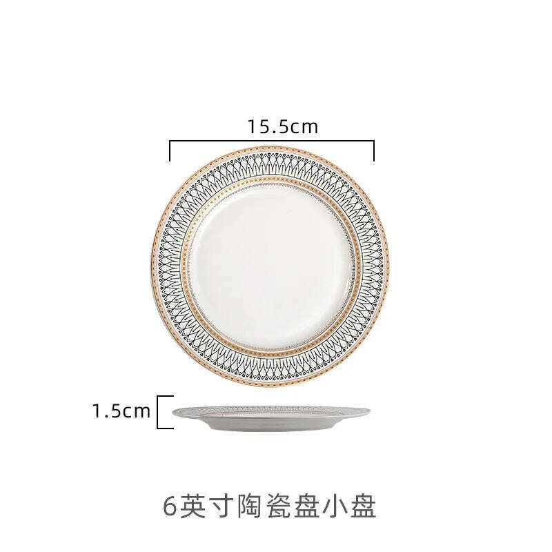 KIMLUD, Nordic Gold Edge Ceramic Tableware Dishes Plates Household Dishes Rice Bowls Soup Bowls Mugs Service Plate Dining Table Set, 6 inch-flat plate, KIMLUD Womens Clothes