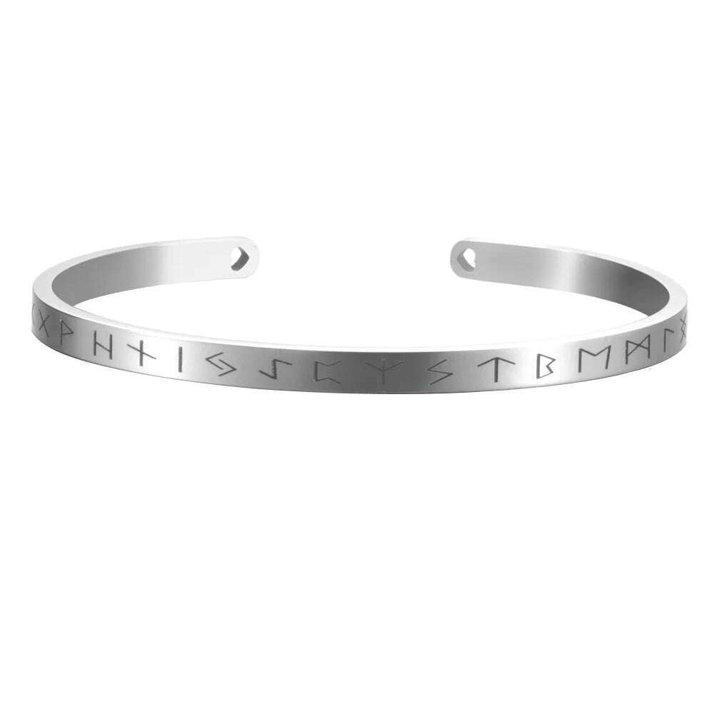 KIMLUD, Nordic Viking Rune Cuff Bracelet Adjustable Amulet Open Bangle Engraved Stainless Steel Men Women Unisex Cuff Bracelets Pulsera, 4mm Silver, KIMLUD APPAREL - Womens Clothes