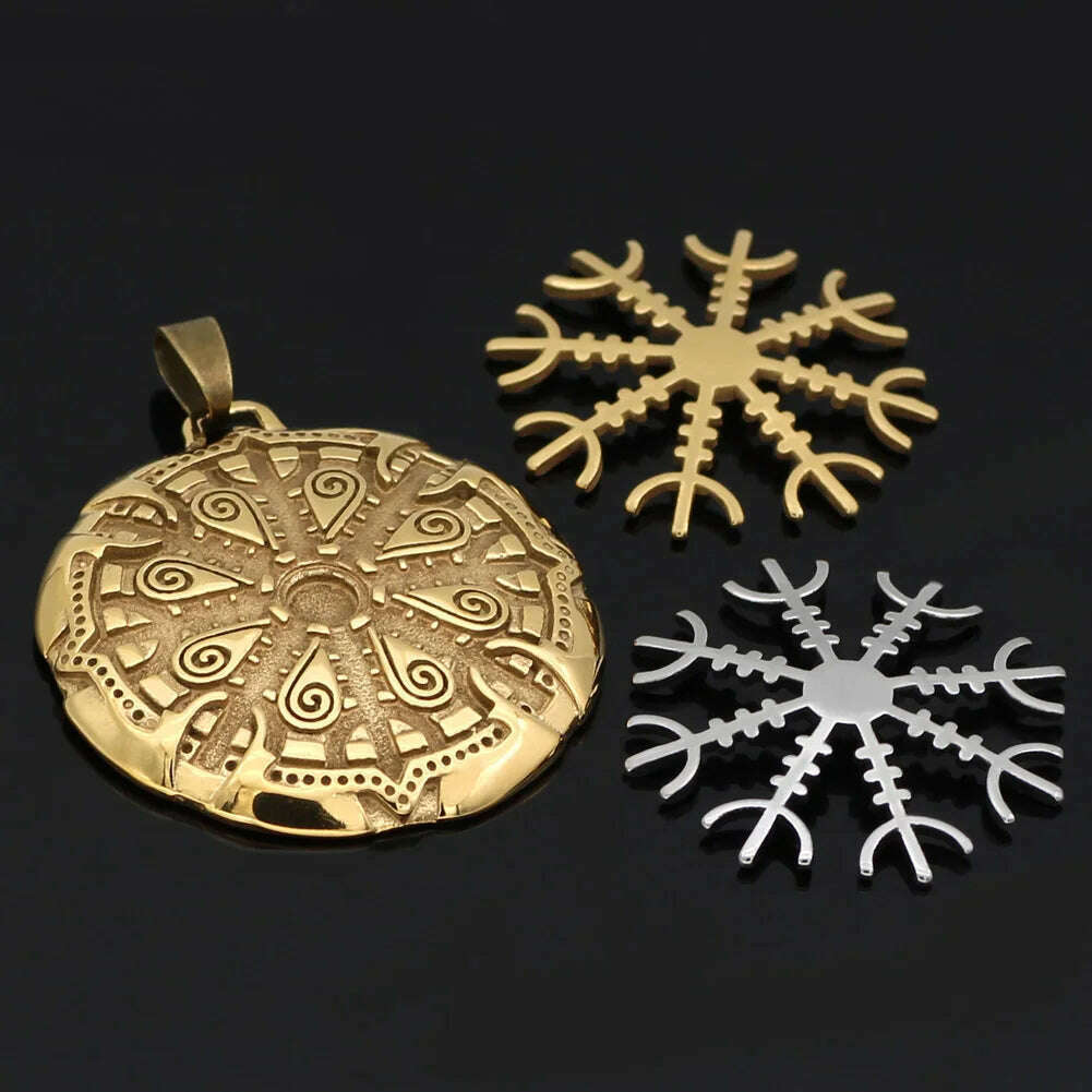 KIMLUD, Nordic Viking vegvisir Stainless Steel Rune Necklace For Men With Valknut Gift Bag, Golden, KIMLUD APPAREL - Womens Clothes