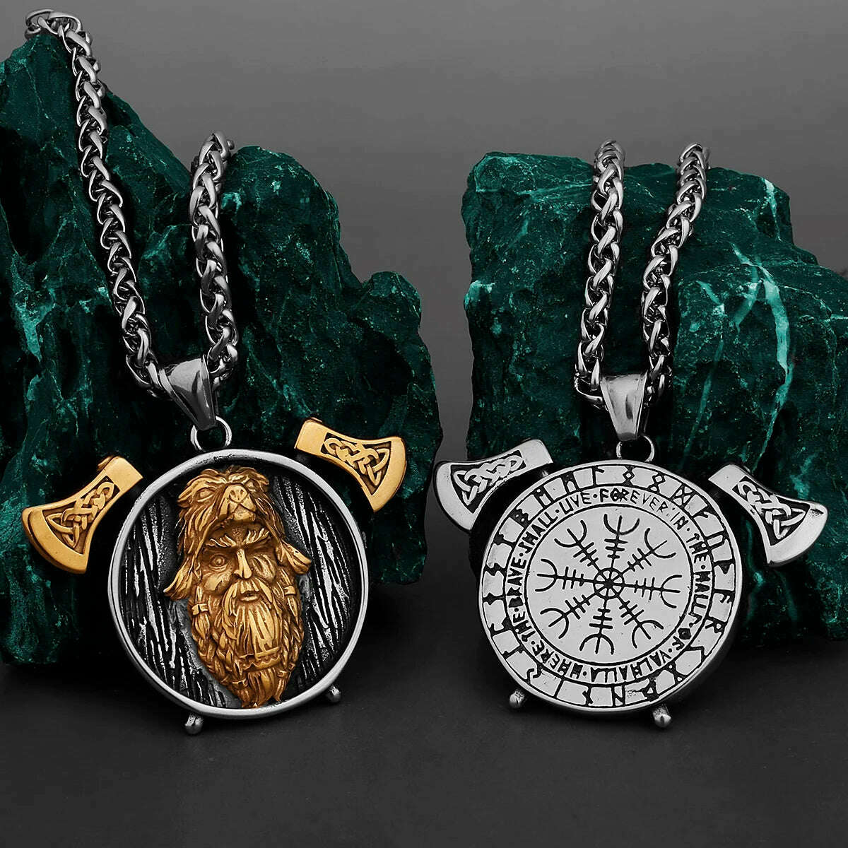 Nordic Viking Warrior Double Axe Gold Stainless Steel Pendant Men's Fashion Hip Hop Pendant Necklace Locomotive Men's Jewelry - KIMLUD