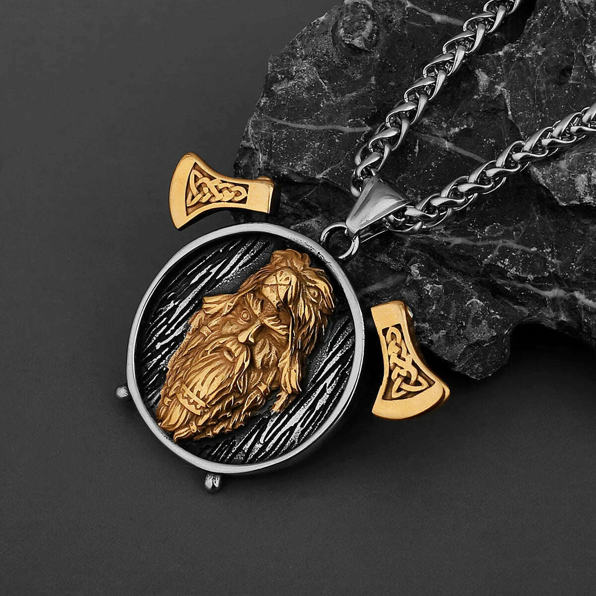 Nordic Viking Warrior Double Axe Gold Stainless Steel Pendant Men's Fashion Hip Hop Pendant Necklace Locomotive Men's Jewelry - KIMLUD