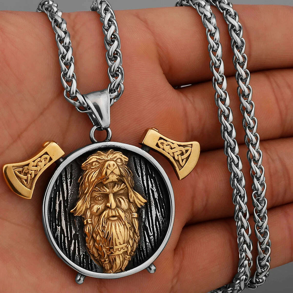 Nordic Viking Warrior Double Axe Gold Stainless Steel Pendant Men's Fashion Hip Hop Pendant Necklace Locomotive Men's Jewelry - KIMLUD