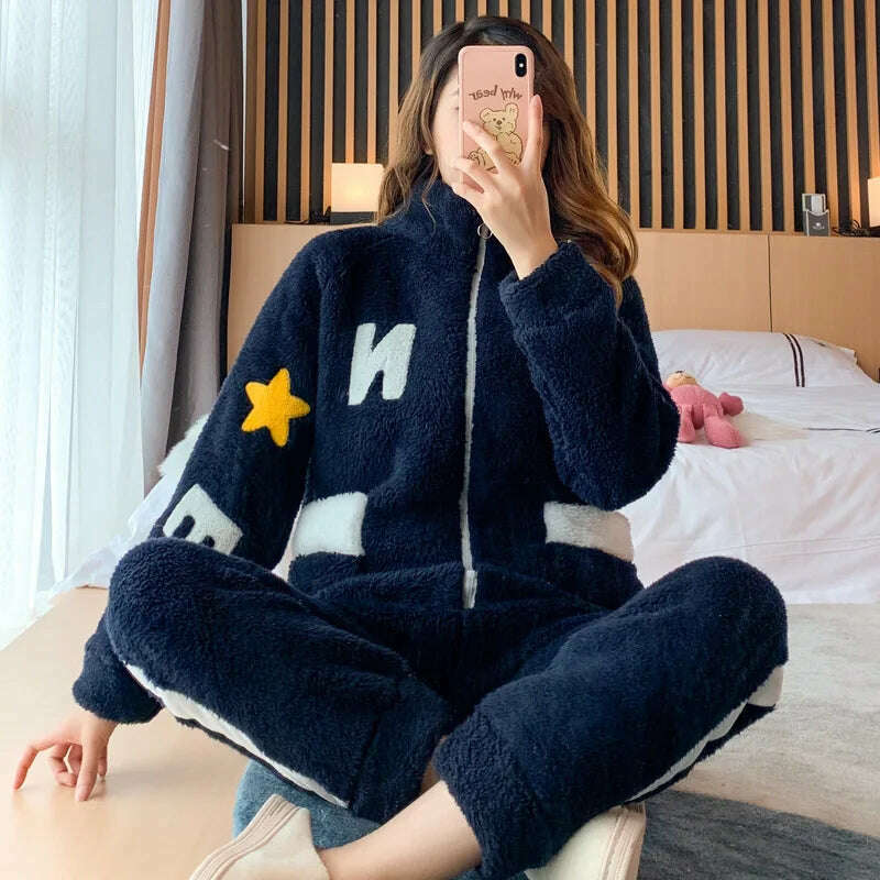 KIMLUD, Novelty Pajamas Winter Hooded Thick Flannel Pajamas Set Fat Laides Velvet Nightwear Sweatshirt Warm Kawaii Home Clothes, 533 navyblue / M(40-50kg), KIMLUD Womens Clothes