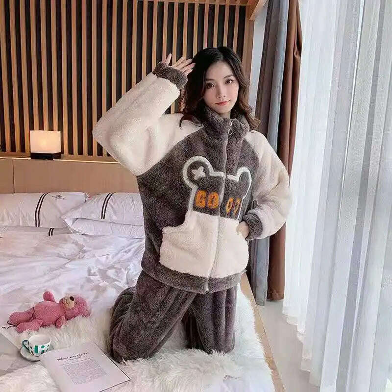 KIMLUD, Novelty Pajamas Winter Hooded Thick Flannel Pajamas Set Fat Laides Velvet Nightwear Sweatshirt Warm Kawaii Home Clothes, 536 / M(40-50kg), KIMLUD Womens Clothes