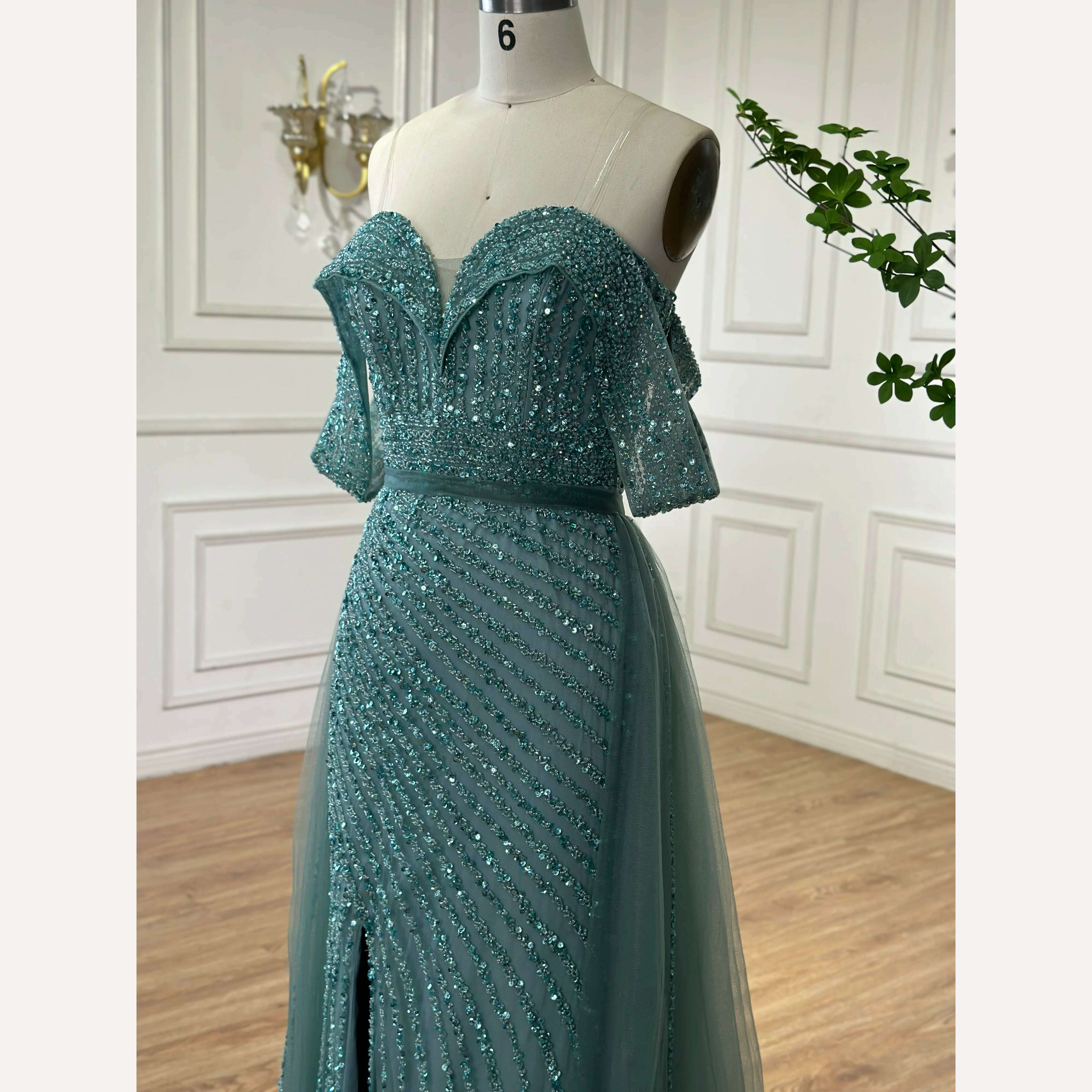 KIMLUD, Nude Mermaid Elegant With Overskirt Off Shoulder Beaded Split Evening Dresses Gowns For Woman Party 2023 BLA71728 Serene Hill, turquoise / 8, KIMLUD APPAREL - Womens Clothes
