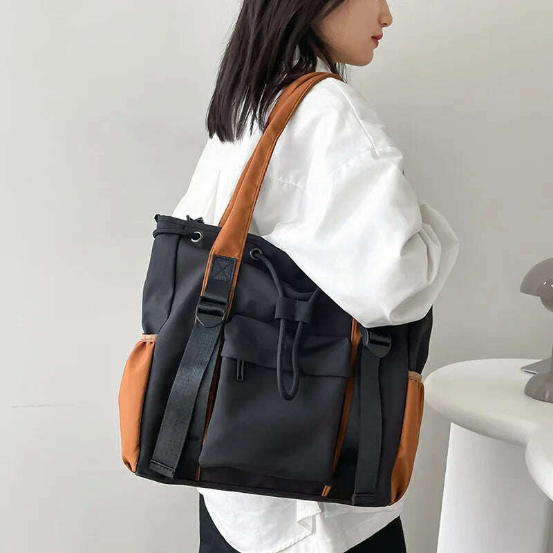 KIMLUD, Nylon Fabric Shoulder Crossbody Bags For Women Multi-pocket Drawstring Tote Bag Large Capacity Student Book Handbag, KIMLUD Womens Clothes