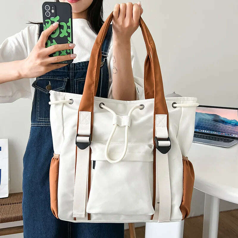 KIMLUD, Nylon Fabric Shoulder Crossbody Bags For Women Multi-pocket Drawstring Tote Bag Large Capacity Student Book Handbag, KIMLUD Womens Clothes