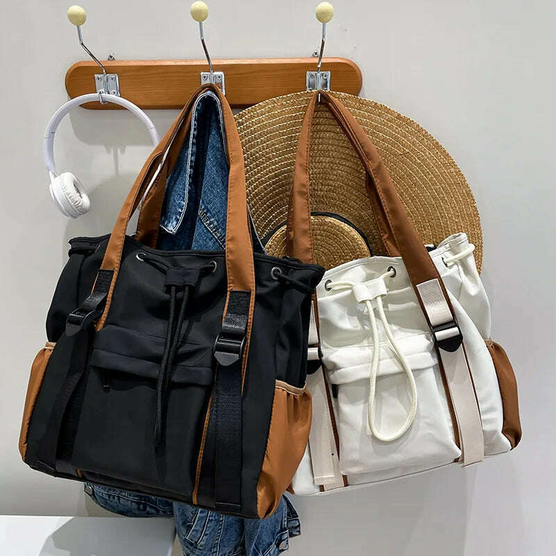 KIMLUD, Nylon Fabric Shoulder Crossbody Bags For Women Multi-pocket Drawstring Tote Bag Large Capacity Student Book Handbag, KIMLUD Womens Clothes
