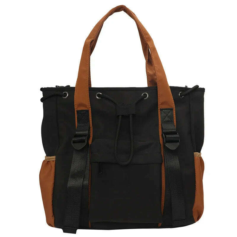 KIMLUD, Nylon Fabric Shoulder Crossbody Bags For Women Multi-pocket Drawstring Tote Bag Large Capacity Student Book Handbag, Black / 42x35x13cm, KIMLUD APPAREL - Womens Clothes