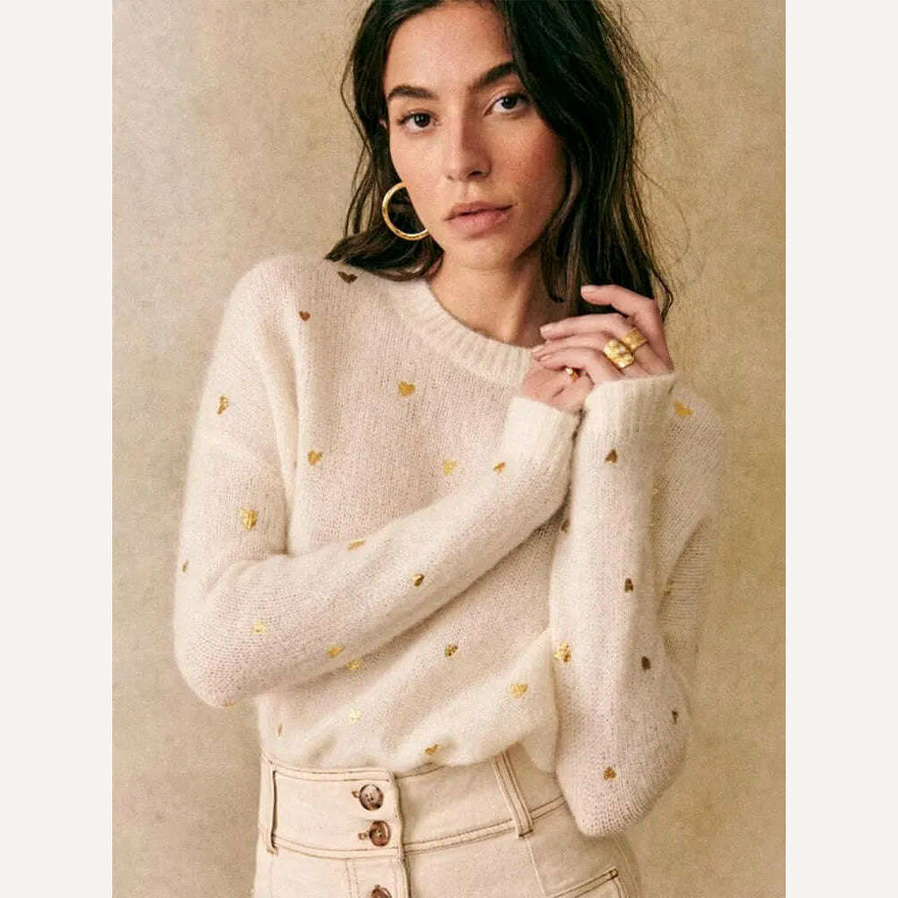 KIMLUD, O-neck Knitted Heart Metallic Print Sweaters Women Casual Eleagnt Long Sleeve Loose Pullover Top Fashion Commute Street Knitwear, KIMLUD Womens Clothes