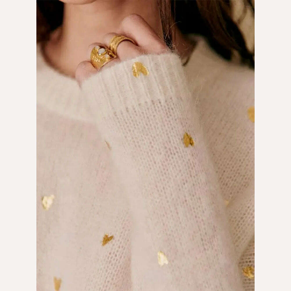 KIMLUD, O-neck Knitted Heart Metallic Print Sweaters Women Casual Eleagnt Long Sleeve Loose Pullover Top Fashion Commute Street Knitwear, KIMLUD Womens Clothes