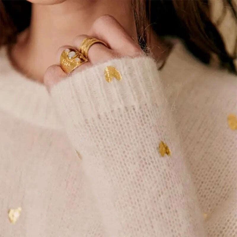 KIMLUD, O-neck Knitted Heart Metallic Print Sweaters Women Casual Eleagnt Long Sleeve Loose Pullover Top Fashion Commute Street Knitwear, KIMLUD Womens Clothes