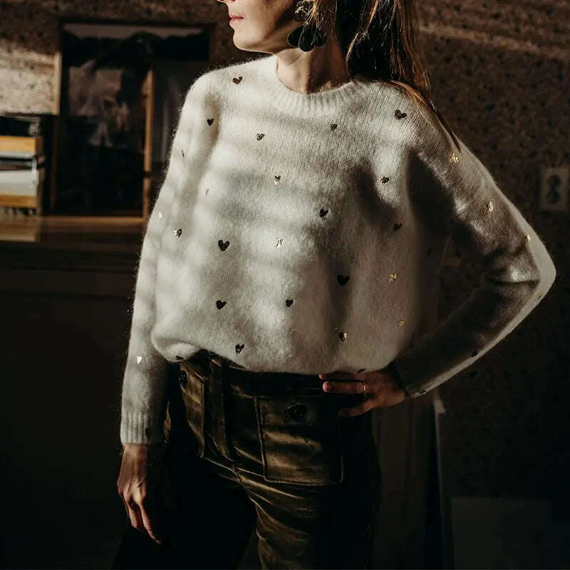 KIMLUD, O-neck Knitted Heart Metallic Print Sweaters Women Casual Eleagnt Long Sleeve Loose Pullover Top Fashion Commute Street Knitwear, KIMLUD Womens Clothes