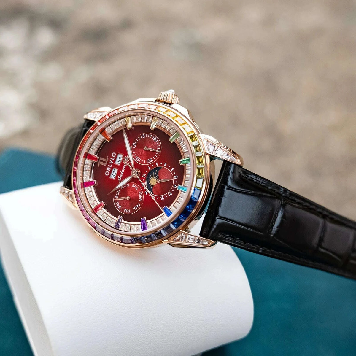 OBLVLO Men's Classic Watch with Colorful Diamonds Bezel Red Dial Mechanical Automatic Moonphase Multifunction Leather Strap GCM-MUT